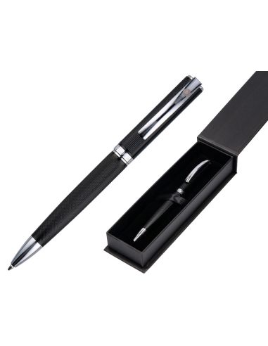 Boligrafo Belius Turbo Aluminio Textura Punteada Color Negro Y Plateado Tinta Azul Caja De Diseño
