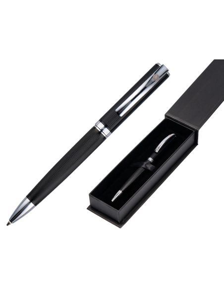 Boligrafo Belius Turbo Aluminio Textura Punteada Color Negro Y Plateado Tinta Azul Caja De Diseño