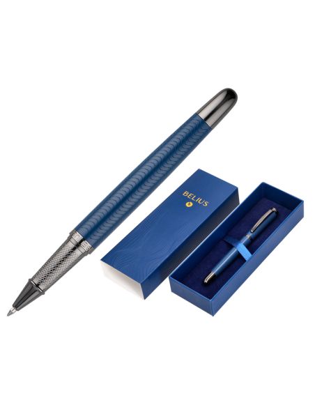 Boligrafo Belius Neptuno Aluminio Textura Wavy Color Azul Marino Tinta Azul Caja De Diseño