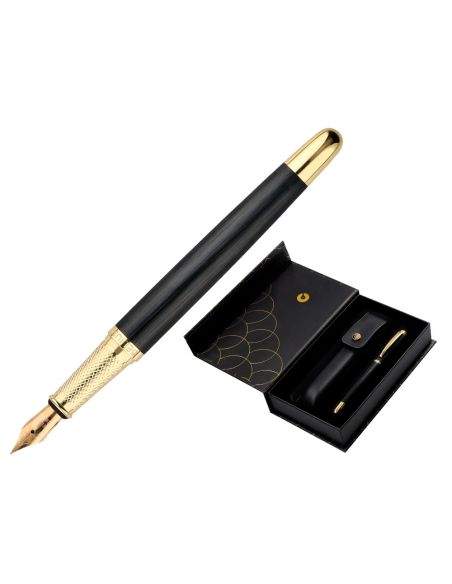 Pluma Y Estuche Cuero Belius Passion Dor Aluminio Textura Cepillada Color Negro Y Dorado Tinta Azul Caja Diseño