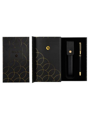 Pluma Y Estuche Cuero Belius Passion Dor Aluminio Textura Cepillada Color Negro Y Dorado Tinta Azul Caja Diseño