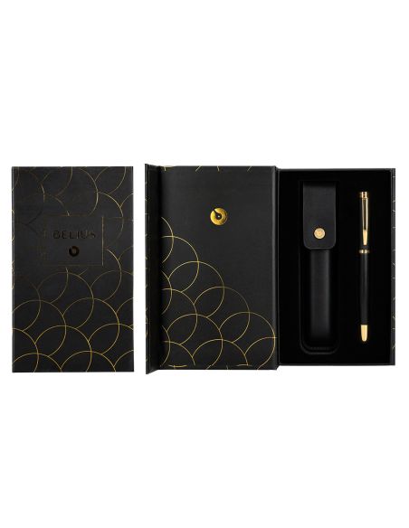 Pluma Y Estuche Cuero Belius Passion Dor Aluminio Textura Cepillada Color Negro Y Dorado Tinta Azul Caja Diseño