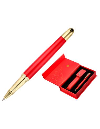 Boligrafo Y Estuche Belius Passion Dor Aluminio Textura Cepillada Color Rojo Y Dorado Tinta Azul Caja De Diseño
