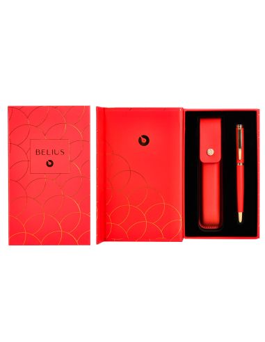 Boligrafo Y Estuche Belius Passion Dor Aluminio Textura Cepillada Color Rojo Y Dorado Tinta Azul Caja De Diseño