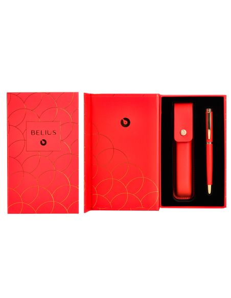 Boligrafo Y Estuche Belius Passion Dor Aluminio Textura Cepillada Color Rojo Y Dorado Tinta Azul Caja De Diseño