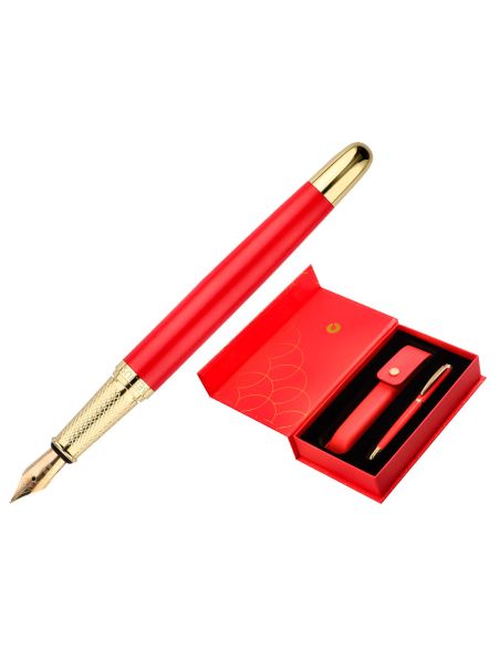 Pluma Y Estuche Cuero Belius Passion Dor Aluminio Textura Cepillada Color Rojo Y Dorado Tinta Azul Caja De Diseño