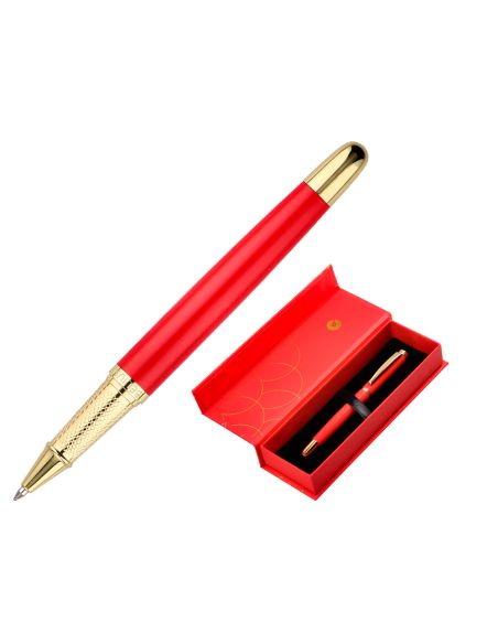 Boligrafo Belius Passion Dor Aluminio Textura Cepillada Color Rojo Y Dorado Tinta Azul Caja De Diseño