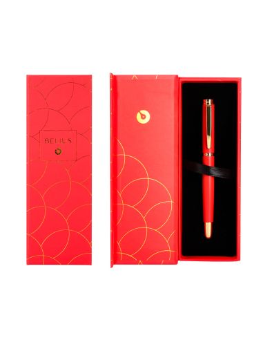 Pluma Belius Passion Dor Aluminio Textura Cepillada Color Rojo Y Dorado Tinta Azul Caja De Diseño