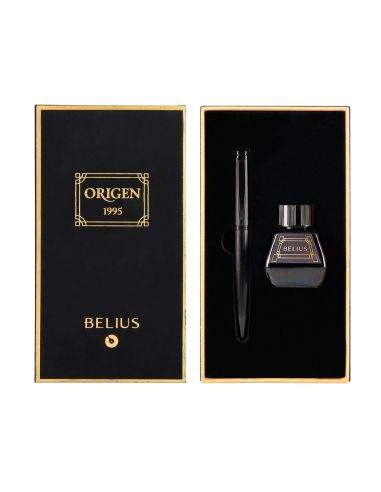 Pluma Y Frasco De Tinta Belius Origen 1995 Aluminio Textura Cepillada Color Negro Tinta Negra Caja Diseño