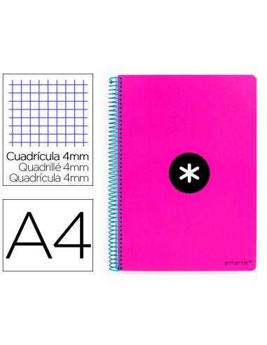 Cuaderno Espiral A4 Antartik Tapa Dura 80H 90Gr Cuadro 4Mm Con Margen Color Rosa Fluor