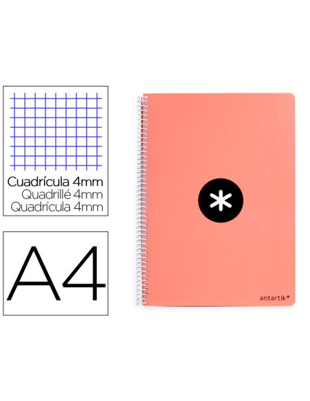 Cuaderno Espiral A4 Antartik Tapa Dura 80H 90Gr Cuadro 4Mm Con Margen Color Coral