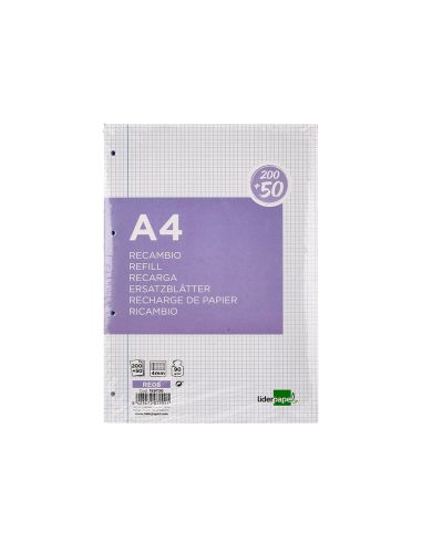 Recambio Liderpapel A4 200+50 Hojas 90Gr Cuadro 4Mm Con Margen 4 Taladros