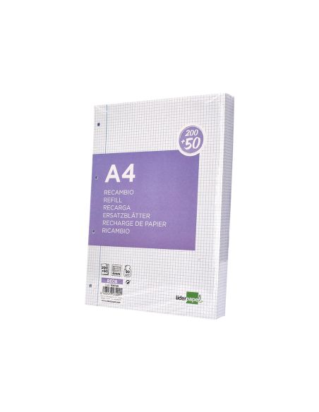 Recambio Liderpapel A4 200+50 Hojas 90Gr Cuadro 4Mm Con Margen 4 Taladros