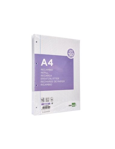 Recambio Liderpapel A4 200+50 Hojas 90Gr Cuadro 4Mm Con Margen 4 Taladros