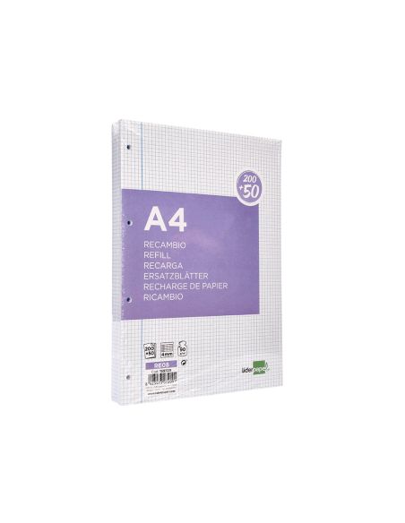Recambio Liderpapel A4 200+50 Hojas 90Gr Cuadro 4Mm Con Margen 4 Taladros