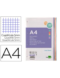 Recambio Liderpapel A4 200+50 Hojas 90Gr Cuadro 5Mm 4 Taladros Bandas De 5 Colores