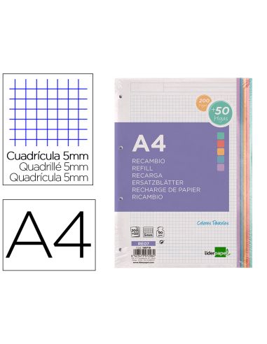 Recambio Liderpapel A4 200+50 Hojas 90Gr Cuadro 5Mm 4 Taladros Bandas De 5 Colores