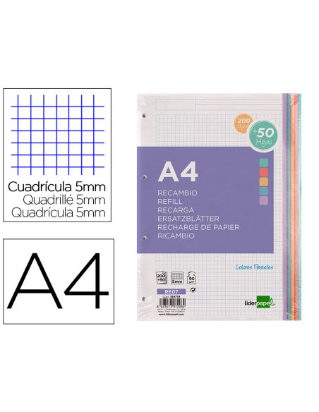 Recambio Liderpapel A4 200+50 Hojas 90Gr Cuadro 5Mm 4 Taladros Bandas De 5 Colores