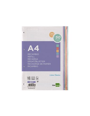 Recambio Liderpapel A4 200+50 Hojas 90Gr Cuadro 5Mm 4 Taladros Bandas De 5 Colores