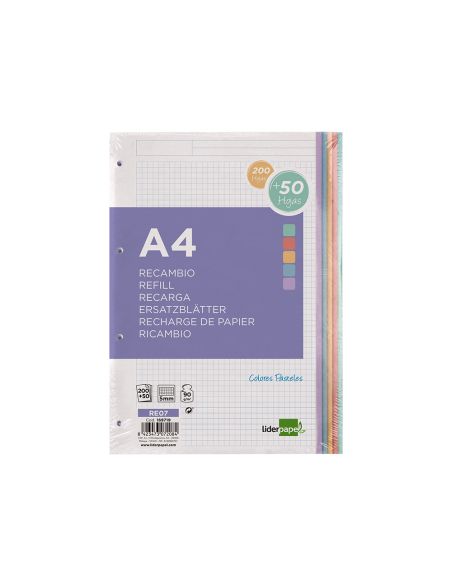 Recambio Liderpapel A4 200+50 Hojas 90Gr Cuadro 5Mm 4 Taladros Bandas De 5 Colores