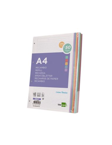 Recambio Liderpapel A4 200+50 Hojas 90Gr Cuadro 5Mm 4 Taladros Bandas De 5 Colores