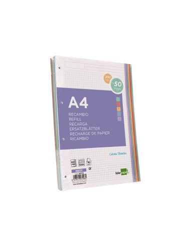 Recambio Liderpapel A4 200+50 Hojas 90Gr Cuadro 5Mm 4 Taladros Bandas De 5 Colores