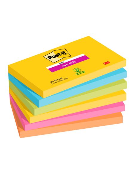 Bloc De Notas Adhesivas Quita Y Pon Post It Super Sticky Carnival 100% Pefc 76X127 Mm Pack De 6 Blocs Colores
