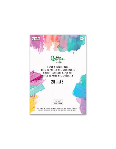 Bloc Papel Multitecnica Liderpapel Din A3 Para Acrilico Oleo Y Gouache 20 Hojas Gramaje 260G/M2