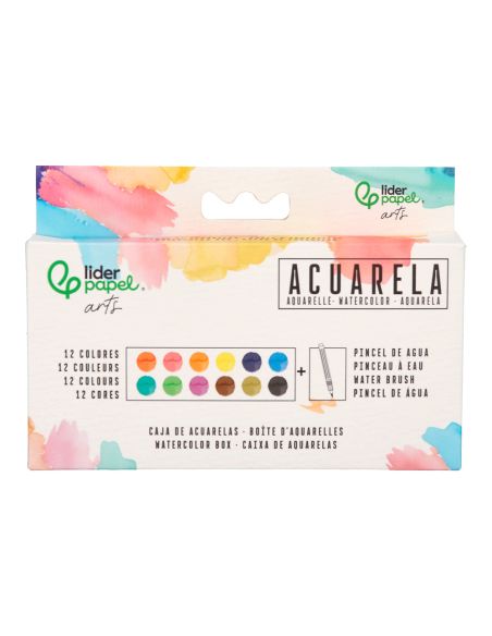 Acuarela Liderpapel 12 Colores Con Pincel De Agua Rellenable Y Esponja Estuche De Plastico