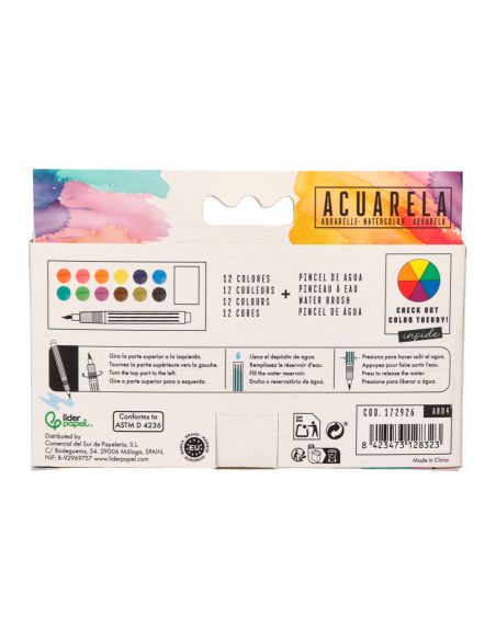 Acuarela Liderpapel 12 Colores Con Pincel De Agua Rellenable Y Esponja Estuche De Plastico