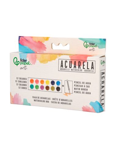 Acuarela Liderpapel 12 Colores Con Pincel De Agua Rellenable Y Esponja Estuche De Plastico