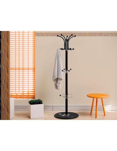 Perchero Metalico Q-Connect Negro De Pie 10 Colgadores Y Paraguero 174X40 Cm