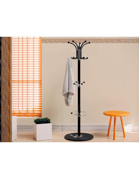Perchero Metalico Q-Connect Negro De Pie 10 Colgadores Y Paraguero 174X40 Cm