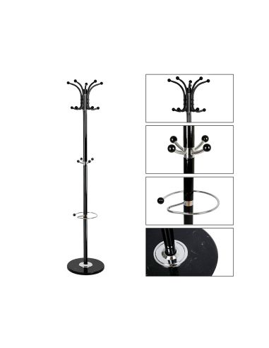 Perchero Metalico Q-Connect Negro De Pie 10 Colgadores Y Paraguero 174X40 Cm