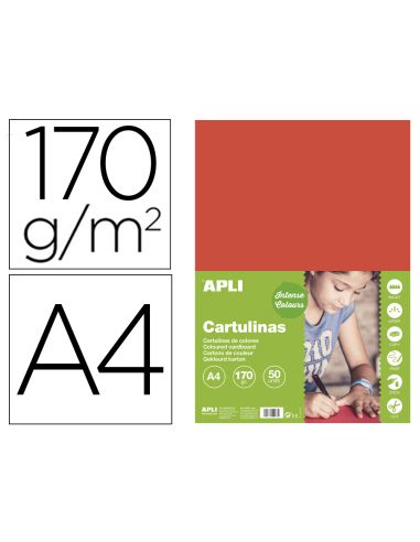 Cartulina Apli Din A4 170G/M2 Rojo Paquete De 50 Hojas
