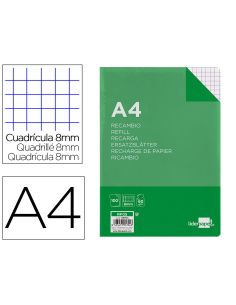 Recambio Liderpapel A4 100 Hojas 60Gr Cuadro 8Mm Con Margen 4 Taladros