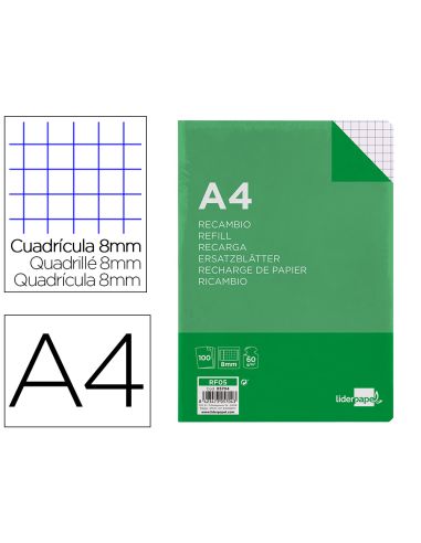 Recambio Liderpapel A4 100 Hojas 60Gr Cuadro 8Mm Con Margen 4 Taladros