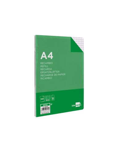 Recambio Liderpapel A4 100 Hojas 60Gr Cuadro 8Mm Con Margen 4 Taladros