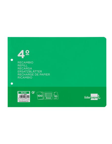 Recambio Liderpapel Cuarto Apaisado 100 Hojas 60Gr Cuadro 3 Mm 2 Taladros Con Margen