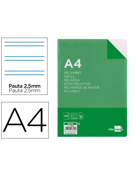 Recambio Liderpapel A4 100 Hojas 60Gr Pauta 5ª 2.5Mm Con Margen 4 Taladros