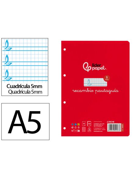 Recambio Liderpapel Cuarto Pautaguia 100 Hojas 75Gr Cuadriculado Pautado 5 Mm Con Margen 6 Taladros