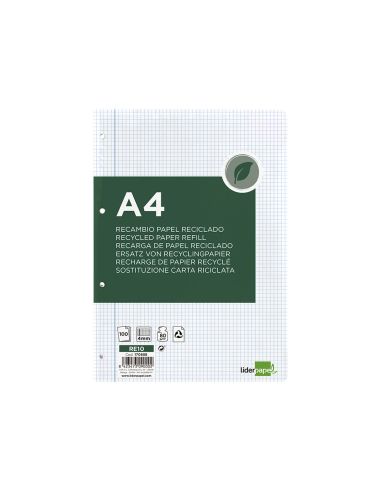 Recambio Liderpapel A4 100 Hojas Papel Reciclado 100% 80Gr Cuadro 4Mm Con Margen 4 Taladros