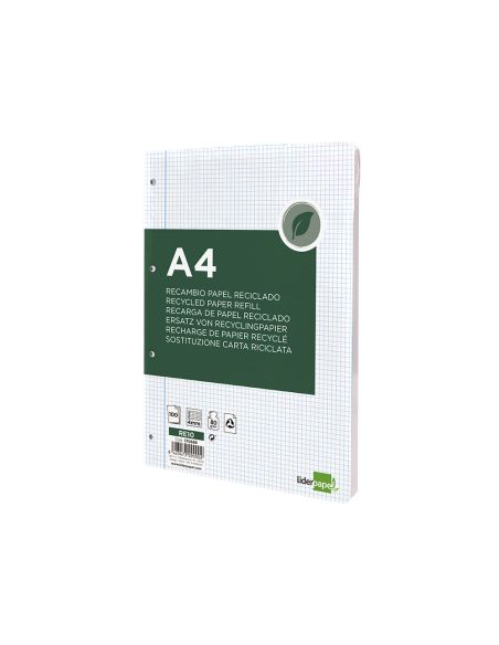 Recambio Liderpapel A4 100 Hojas Papel Reciclado 100% 80Gr Cuadro 4Mm Con Margen 4 Taladros