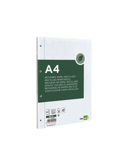 Recambio Liderpapel A4 100 Hojas Papel Reciclado 100% 80Gr Cuadro 4Mm Con Margen 4 Taladros