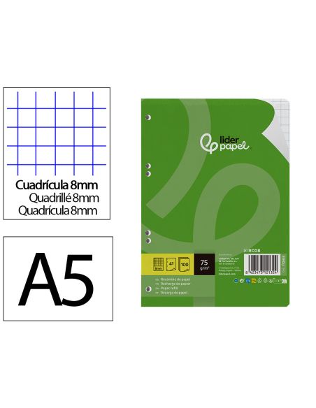 Recambio Liderpapel Din A5 100 Hojas 75 Gr Cuadro 8Mm Con Margen 6 Taladros