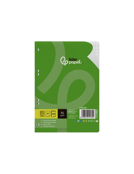Recambio Liderpapel Din A5 100 Hojas 75 Gr Cuadro 8Mm Con Margen 6 Taladros