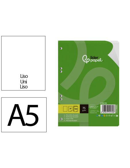 Recambio Liderpapel Din A5 100 Hojas 75 Gr Liso Sin Margen 6 Taladros