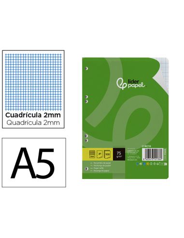 Recambio Liderpapel Din A5 100 Hojas 75 Gr Milimetrado Sin Margen 6 Taladros