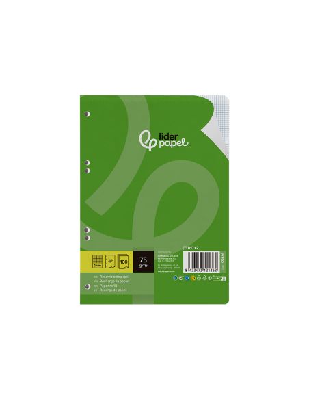 Recambio Liderpapel Din A5 100 Hojas 75 Gr Milimetrado Sin Margen 6 Taladros
