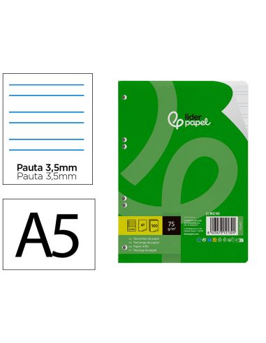 Recambio Liderpapel Din A5 100 Hojas 75 Gr Pauta 4 3.5Mm Con Margen 6 Taladros